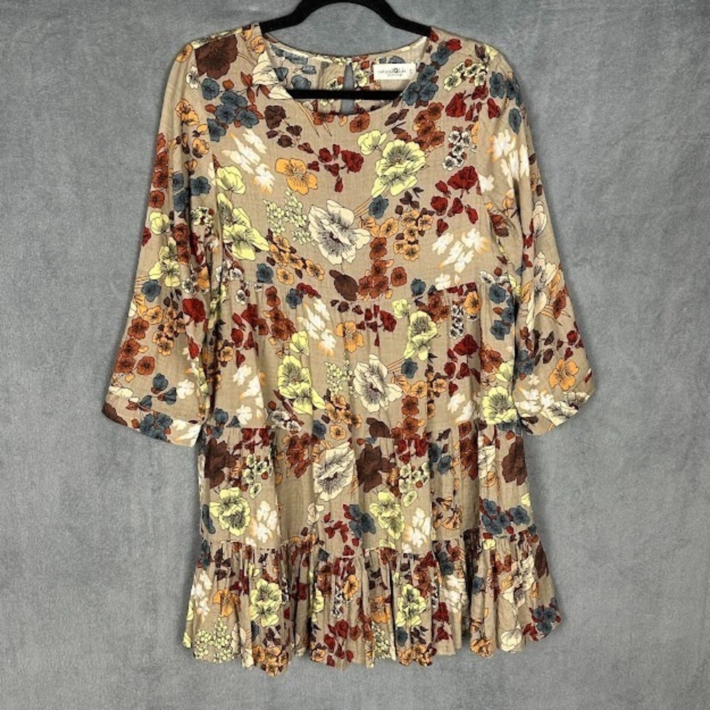 Natural Life Dress Womens Small Brown Floral Babydoll Tiered Mini Boho Cottage